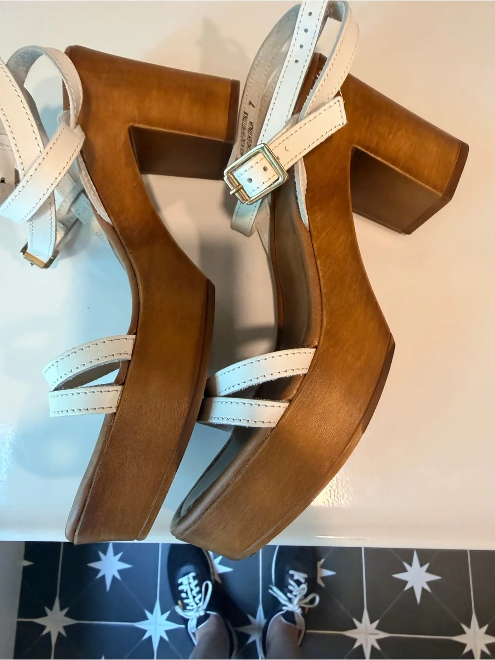 Seychelles White Leather Strappy Platform Sandal with Wood Block Heel